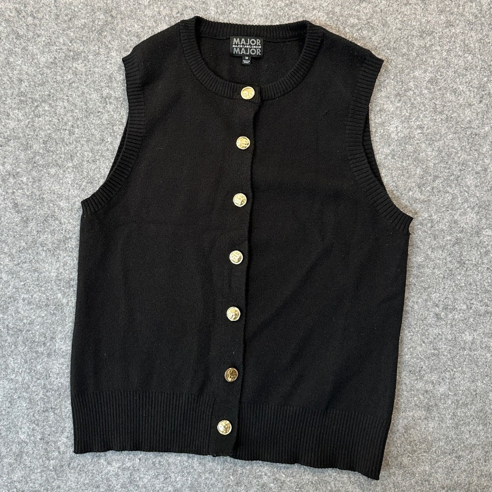 Major Label Group Button Front Knit Vest Medium Black Gold Crest Buttons